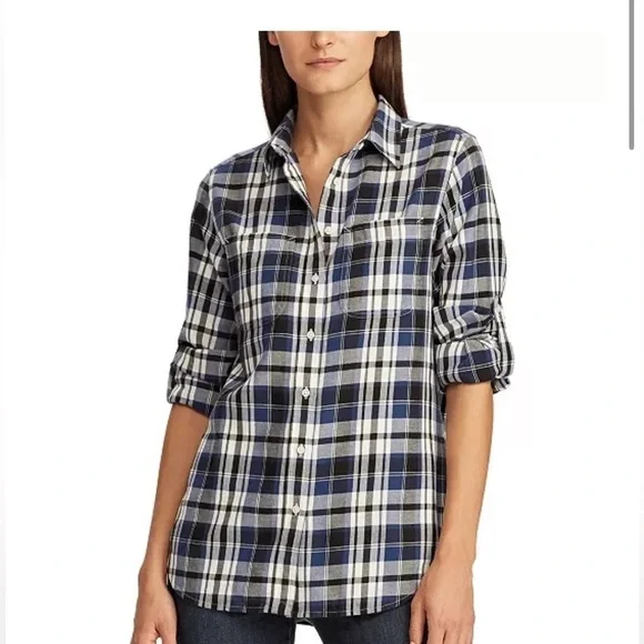 Lauren Ralph Lauren blue and white check plaid flannel button up size SP - Picture 1 of 4